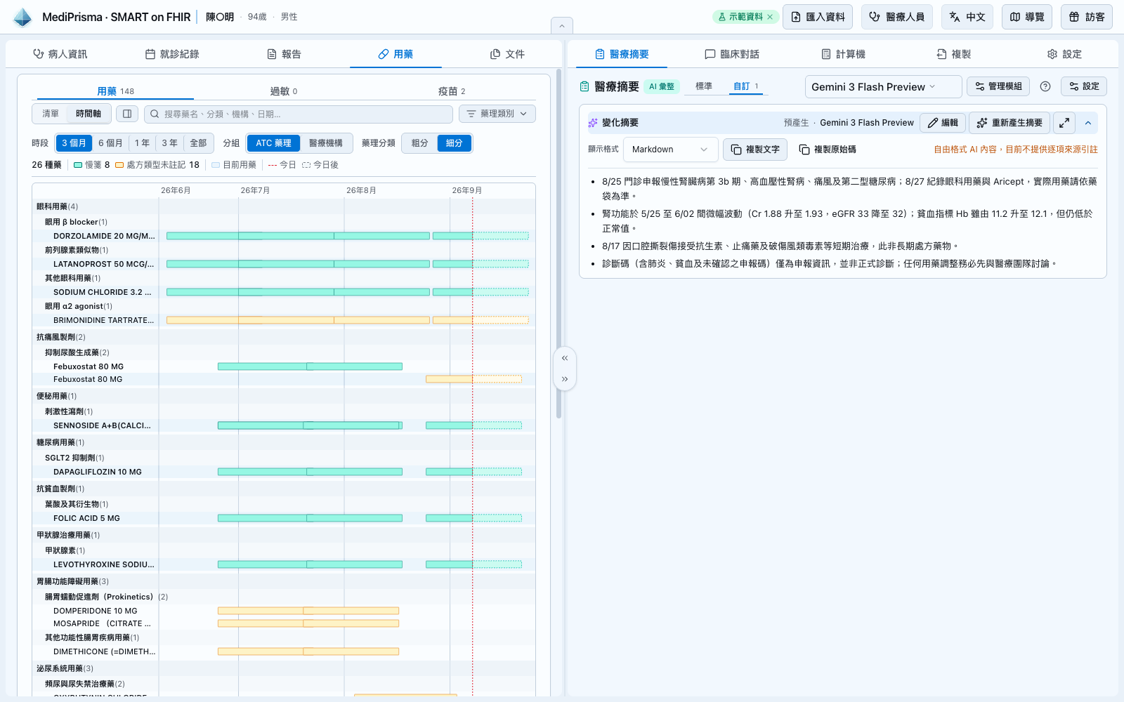 醫療摘要的「自訂」頁可管理模組,並編輯、重新產生或複製結果