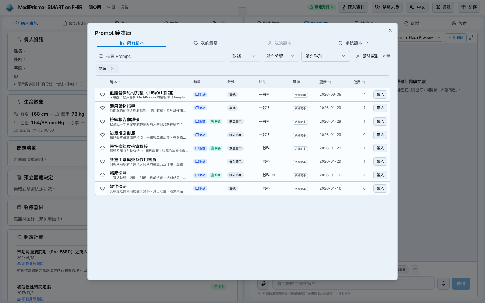 Prompt 範本庫可依用途、分類與科別篩選,再把範本帶入對話或摘要